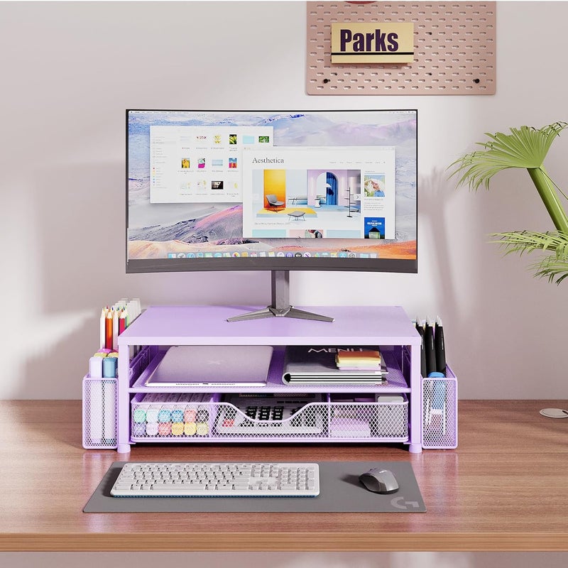OPNICE Desk Organizers and Accessories, 2-Tier Computer Monitor Stand Riser with Drawer and 2 Pen Holders, Laptop Stand, Office Desk Accessories & Office Decor for Women, Purple - Image 2